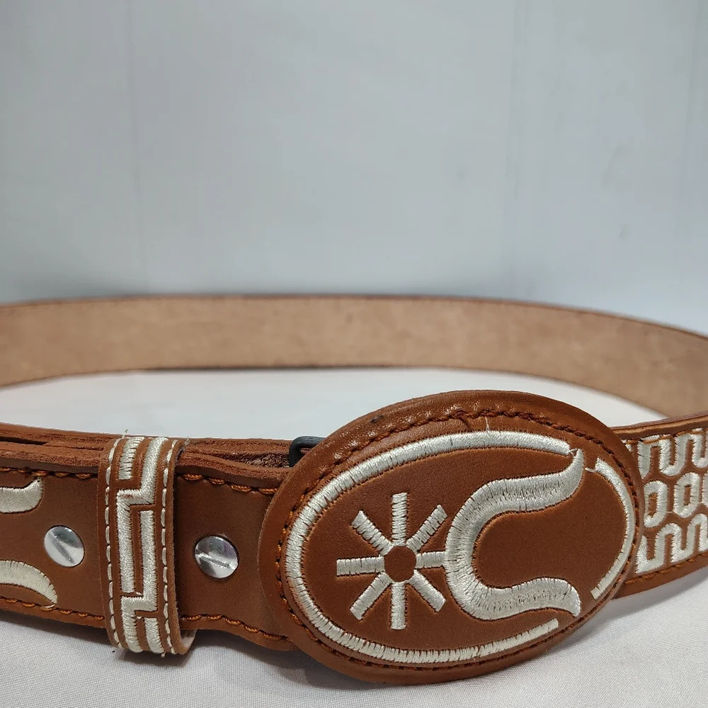 El Capitan Tan Leather Western Aztec Embroidered Belt‎ Size 40 Made in Mexico
